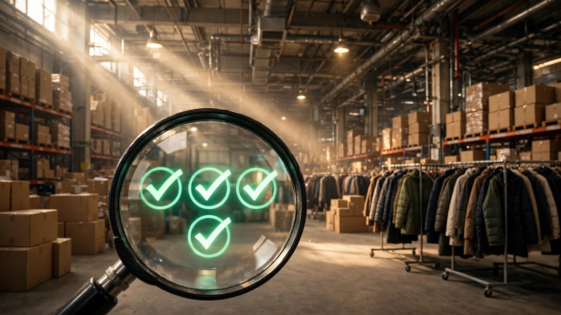Chinese wholesale warehouse with magnifying glass checking supplier reliability on 1688