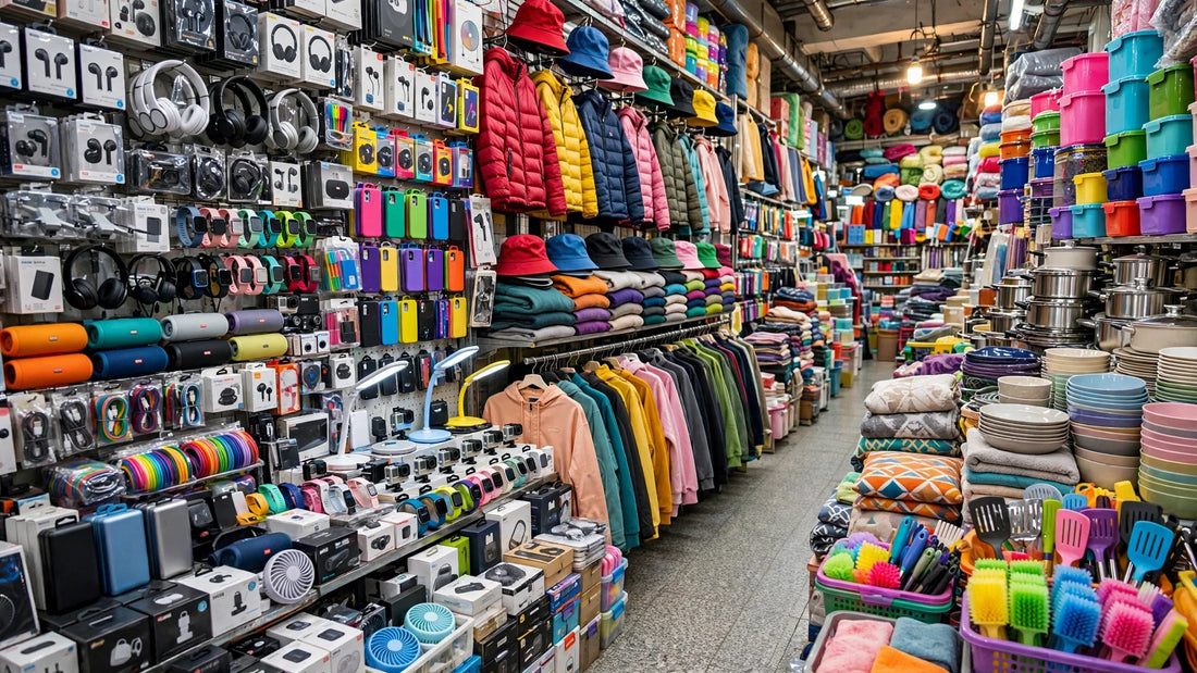 Colorful Chinese wholesale market aisles packed with electronics and home goods