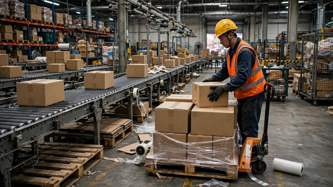 Warehouse worker packing cardboard boxes in a Chinese logistics warehouse