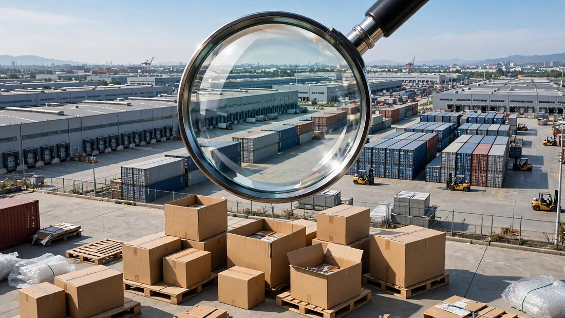 Inspecting wholesale cartons with a magnifying glass at Chinese 1688 warehouses