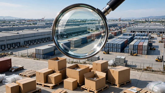 Inspecting wholesale cartons with a magnifying glass at Chinese 1688 warehouses