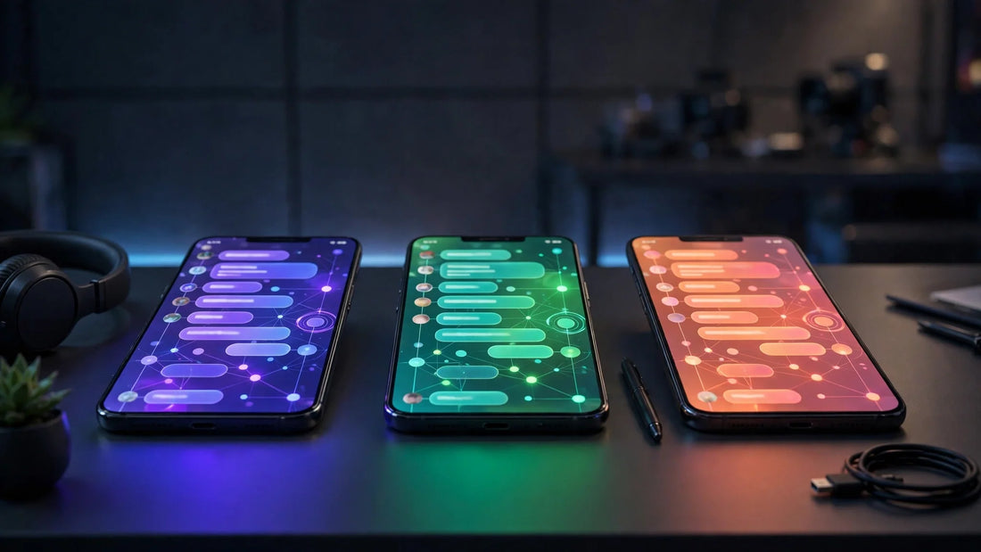 Three smartphones showing different colorful AI chat interfaces side by side