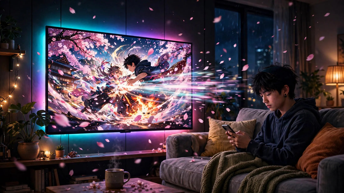 Watching vibrant anime on Bilibili Premium in a cozy living room at night