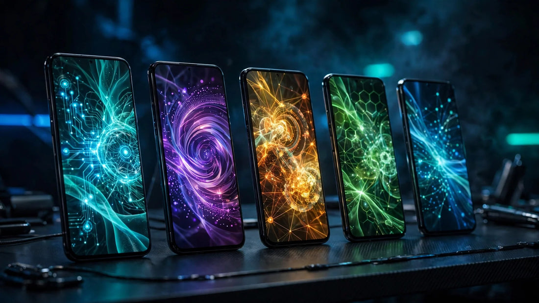 Smartphones glowing with colorful Chinese AI app interfaces on a neon-lit desk