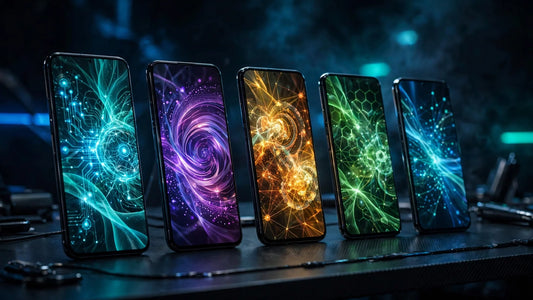 Smartphones glowing with colorful Chinese AI app interfaces on a neon-lit desk