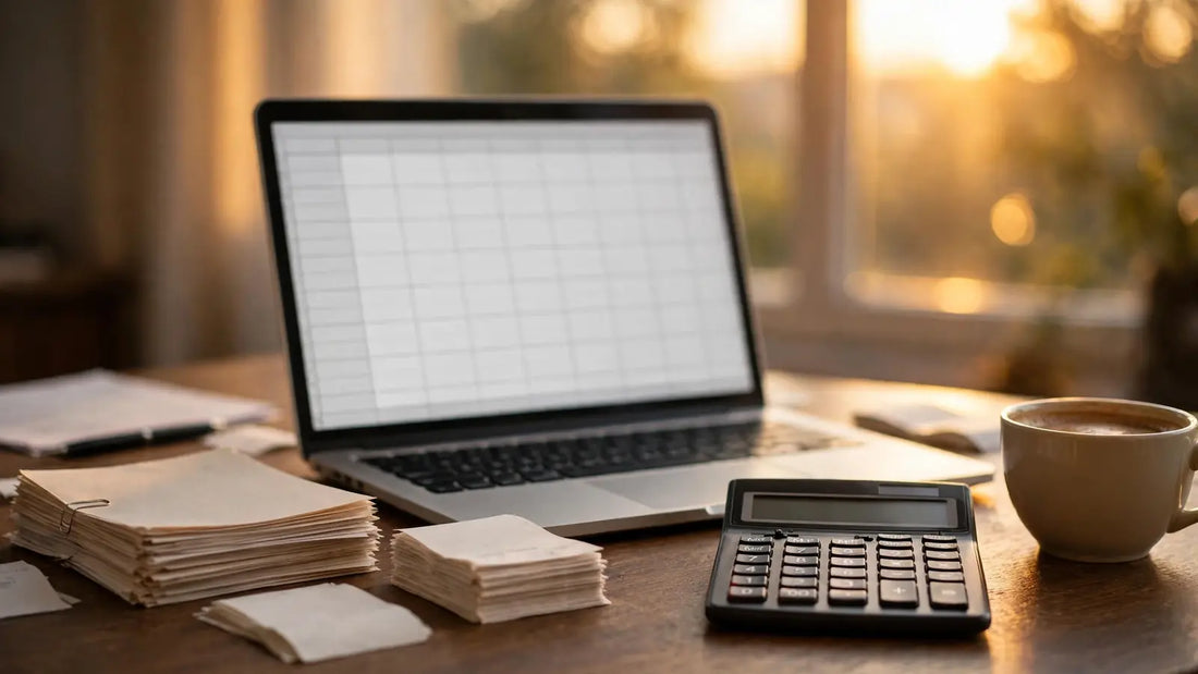 Accountant desk with laptop showing a spreadsheet, neat paper files, receipts and coffee in warm light