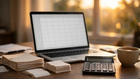 Accountant desk with laptop showing a spreadsheet, neat paper files, receipts and coffee in warm light