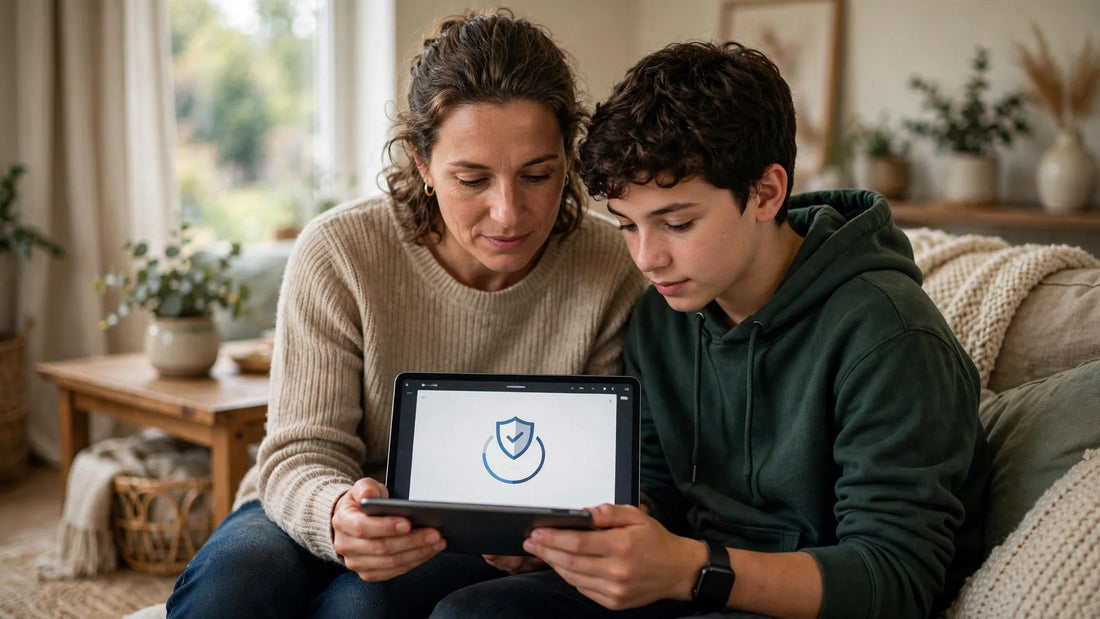 Parent and teenager reviewing Muse age verification on a tablet together