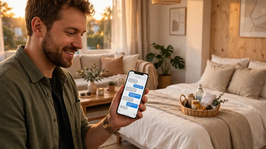 Airbnb host holding a smartphone with a guest message in a bright modern short-term rental living room at golden hour