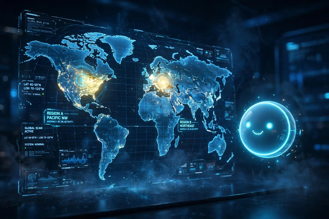 Glowing world map hologram highlighting North America availability