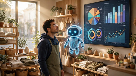 Small business owner using Muse AI agent business goal feature in a boutique shop