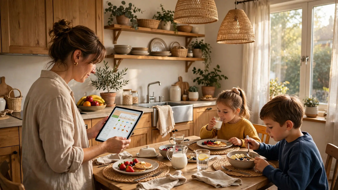 Parent checking a weekly meal plan on a tablet in a sunlit family kitchen while kids eat breakfast