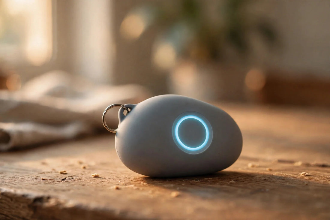 A keychain-sized pebble-shaped AI gadget with a glowing screen resting on a table