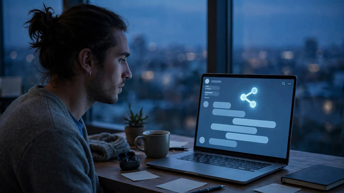 Person at a desk looking at a laptop chat window with a share link icon, calm dusk mood