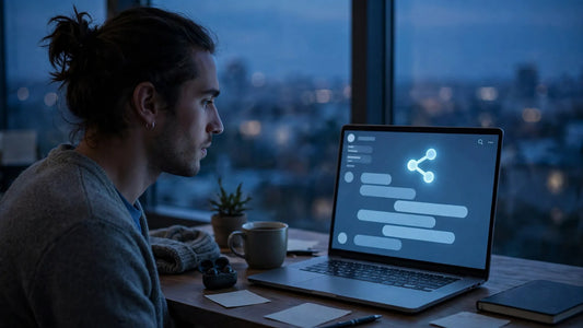 Person at a desk looking at a laptop chat window with a share link icon, calm dusk mood