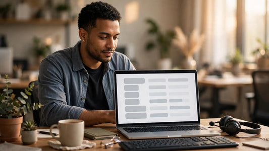 Customer support agent triaging a ticket queue on a laptop in a calm office