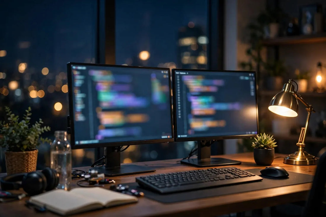 Developer using Muse AI agent to review code on dual monitors at night