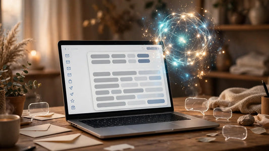 A sleek modern email inbox on a laptop screen with a glowing AI assistant motif, cinematic realistic scene