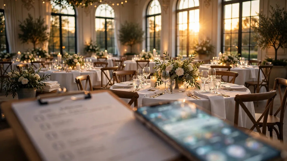 Elegant wedding reception hall being set up with candlelit tables and event planner checklist