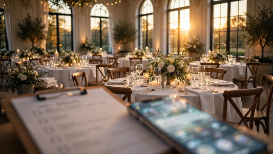 Elegant wedding reception hall being set up with candlelit tables and event planner checklist