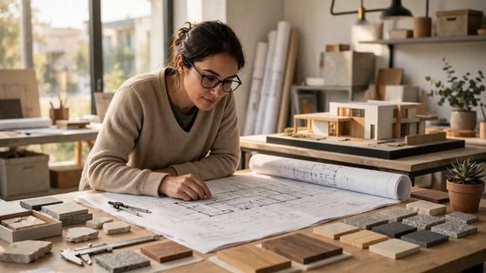 Architect reviewing building blueprints and material samples in a modern studio