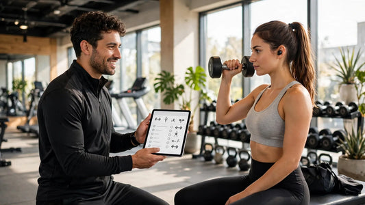 A personal trainer coaching a client in a bright modern gym while reviewing a workout plan on a tablet
