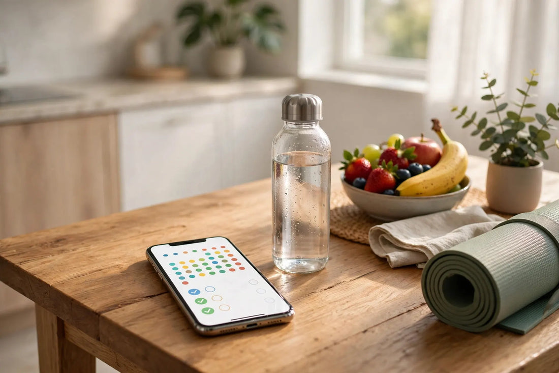 Smartphone with calendar and checklist on a kitchen table beside fruit and a yoga mat in morning light