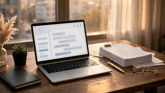 A lawyer working at a modern office desk with a laptop and legal documents in warm daylight