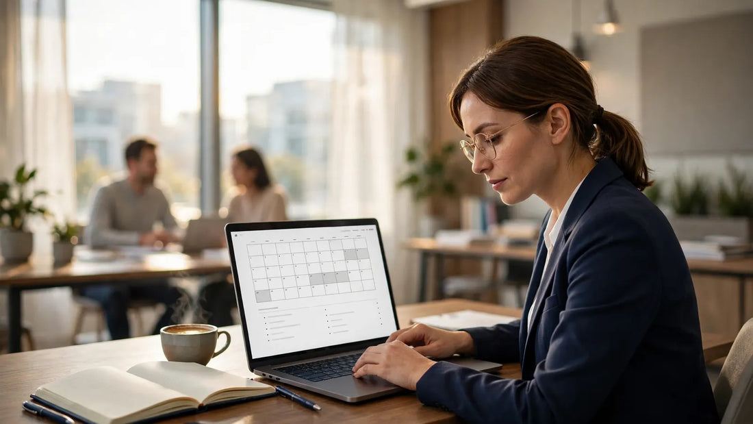 Professional reviewing meeting notes and calendar on a laptop in a bright modern office