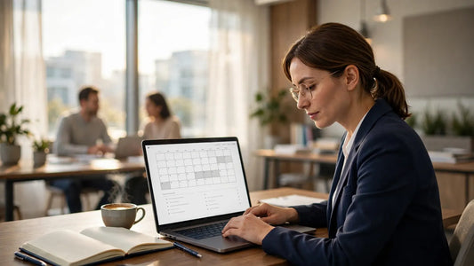 Professional reviewing meeting notes and calendar on a laptop in a bright modern office