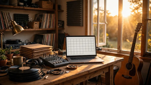 A musician's home studio with a guitar, laptop showing a release calendar, and a mixing console in warm evening light