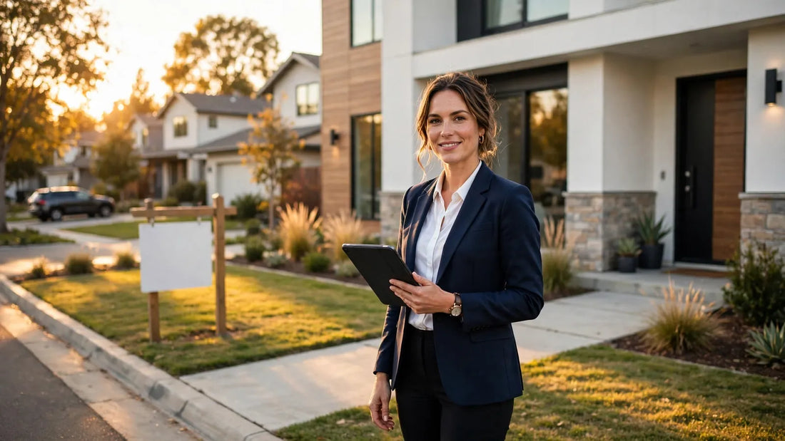 Real estate agent standing in front of a modern house for sale holding a tablet