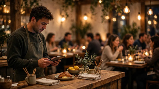 Restaurant owner checking a tablet at a warm restaurant counter during dinner service