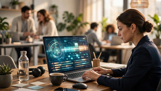 Sales account executive using Muse AI assistant to manage a pipeline dashboard and prospect list on a laptop