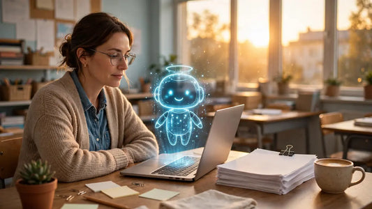 Teacher at a bright classroom desk with laptop and glowing AI assistant hologram above the keyboard, lesson plans and coffee nearby