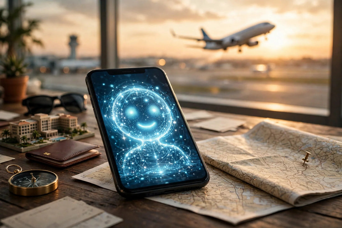 AI assistant planning a trip with flight and hotel options displayed on screen