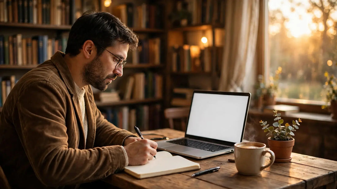 Novelist writing a manuscript at a wooden desk in a warm book-lined study at golden hour