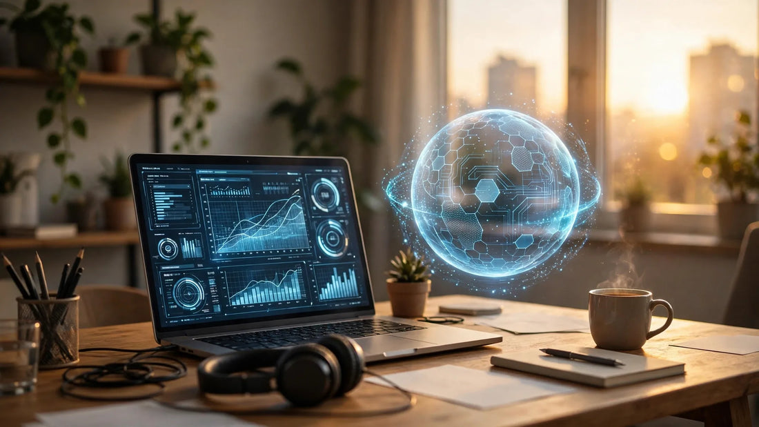 Freelancer home office with glowing AI assistant hologram helping with client work