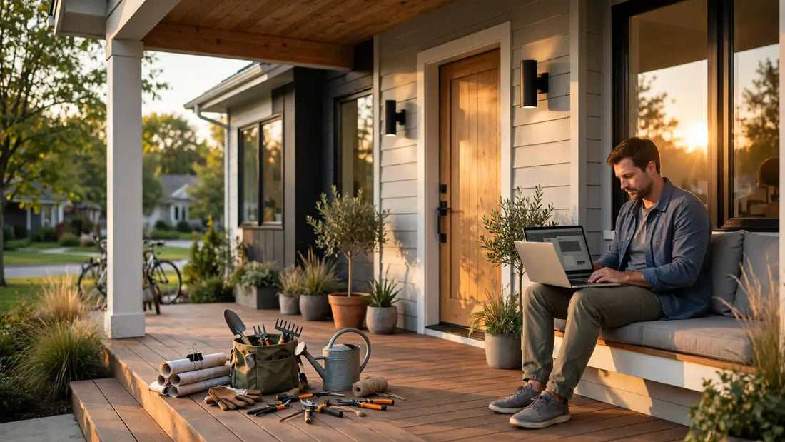 Homeowner reviewing a home maintenance plan on a laptop on the porch of a bright modern house at golden hour