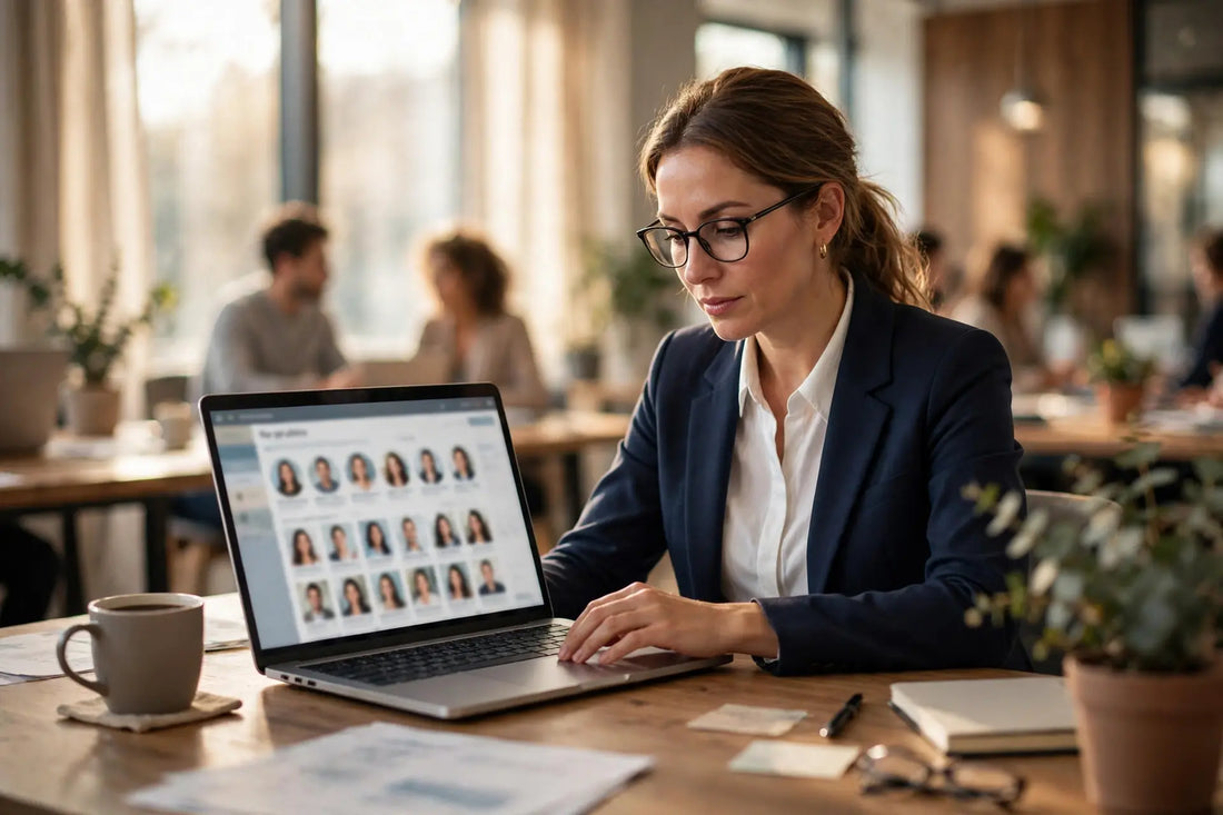 Recruiter reviewing candidate profiles on a laptop in a bright modern office