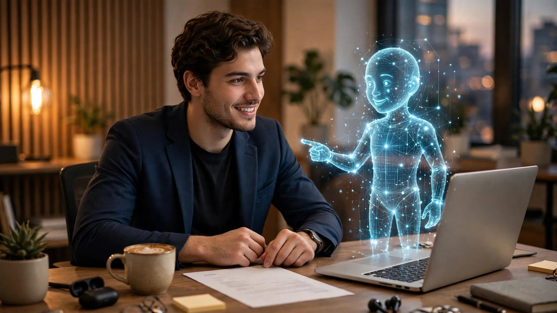 Job seeker at a desk with laptop and holographic AI assistant reviewing a resume