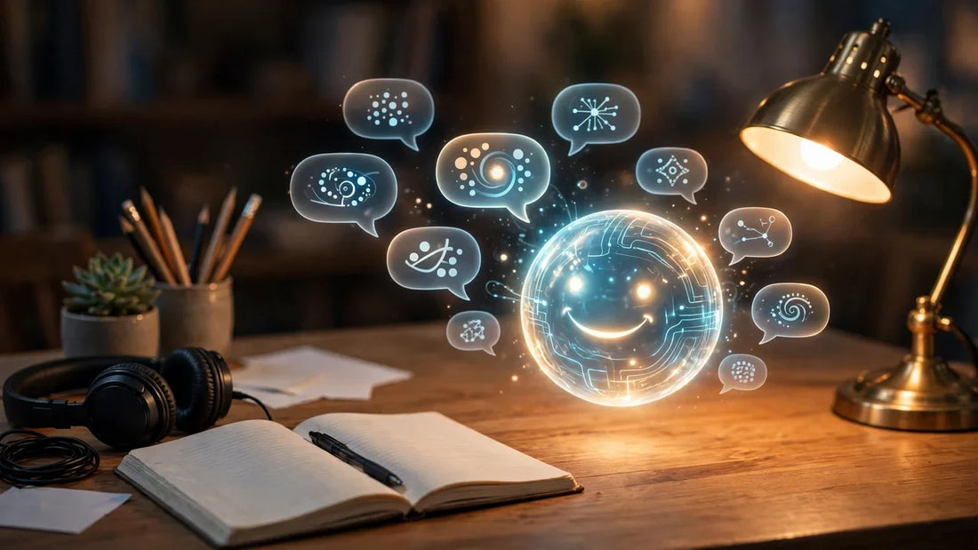 Student desk with glowing AI orb projecting language practice speech bubbles