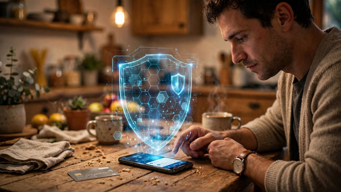 Person paying with a smartphone protected by a digital shield, Muse payments safety