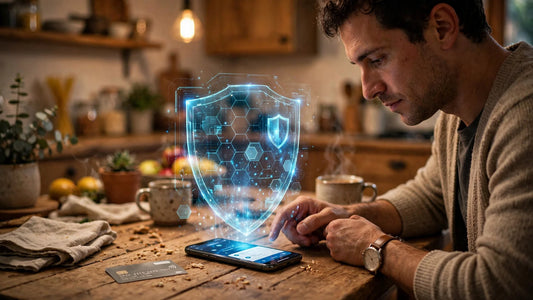 Person paying with a smartphone protected by a digital shield, Muse payments safety