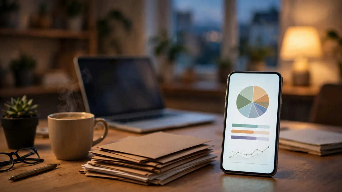 Cozy home office desk at dusk with a smartphone budgeting dashboard, stacked bills and a coffee cup