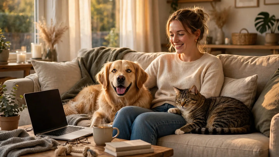 Happy dog and cat relaxing with their owner at home, laptop nearby in warm light