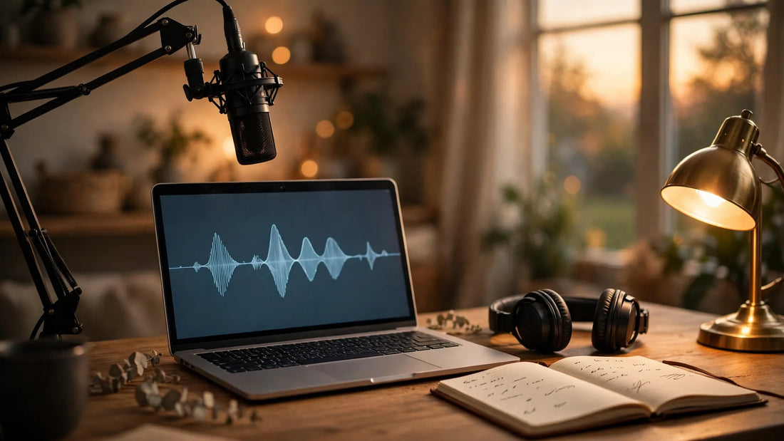 A cozy home podcast studio with a professional microphone, headphones and a laptop