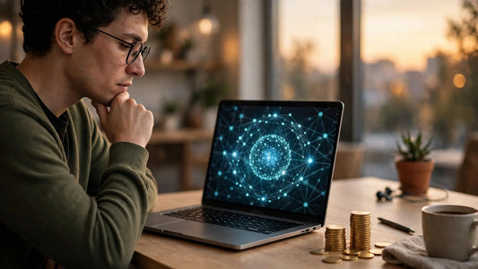 Person at a desk weighing two Muse subscription options with a laptop showing an AI assistant