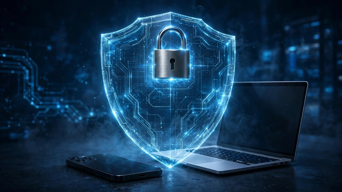 Glowing digital shield with padlock protecting a smartphone and laptop