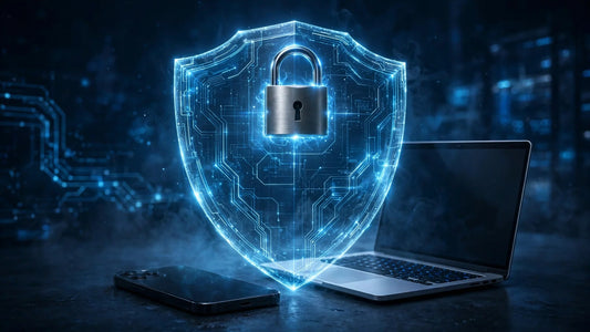 Glowing digital shield with padlock protecting a smartphone and laptop